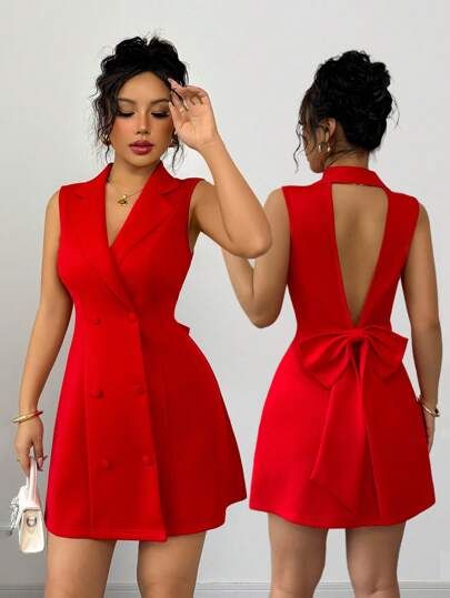 Red Sleeveless Backless Blazer Dress with Bow